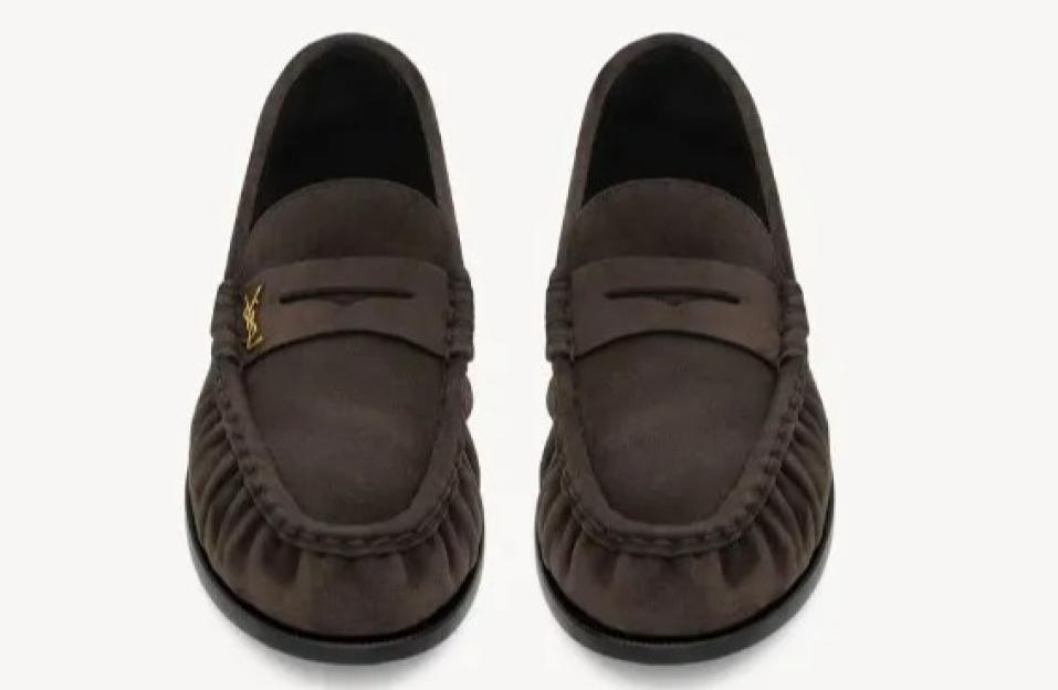Pair of YSL Le Loafer dark chocolate suede shoes.