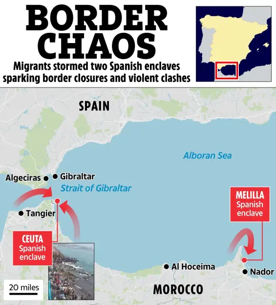 Illustration of "Border Chaos" map showing migrants storming Spanish enclaves of Ceuta and Melilla, sparking border closures and violent clashes.