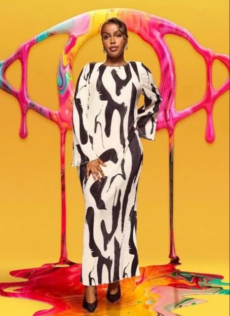 Big Brother Hanah Haji on a yellow background with colorful paint splatters.