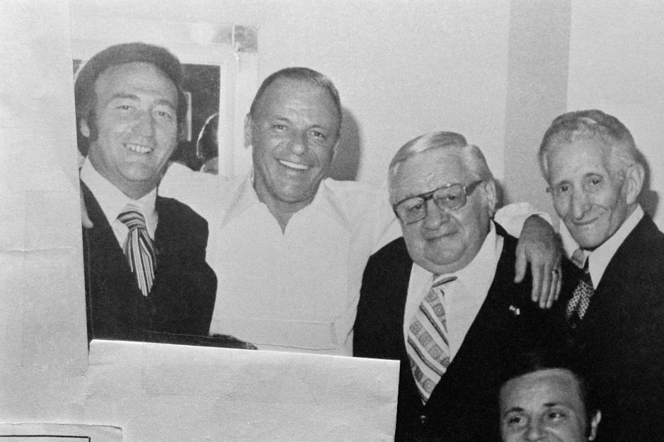 Frank Sinatra with Gregory DePalma, Thomas Marson, Carlo Gambino, Jimmy Fratiano, and Richard Fusco in his dressing room.