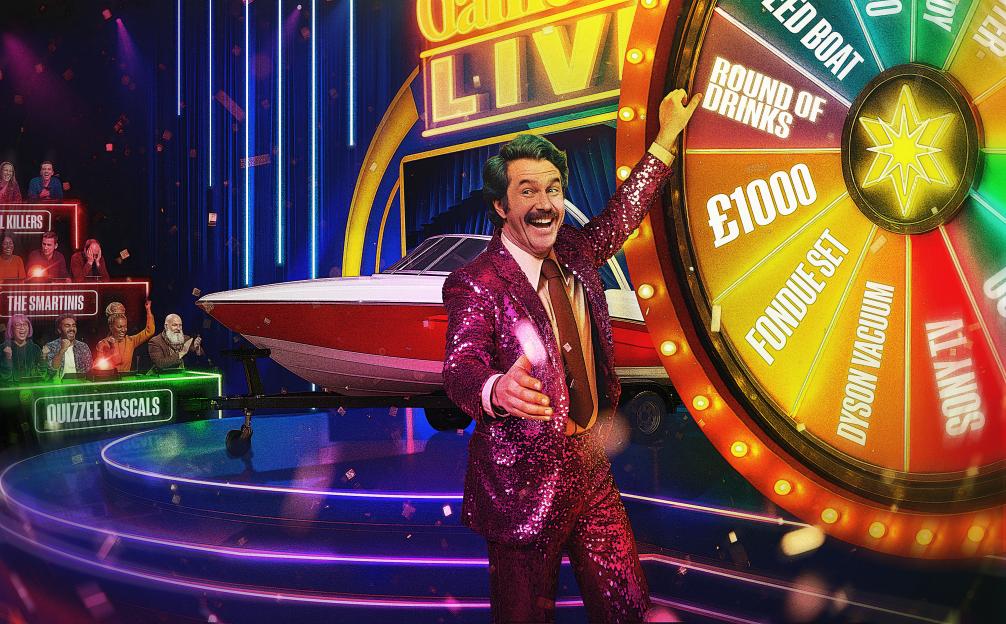 Illustration of a game show host in a sparkly suit next to a prize wheel, with contestants in the background.