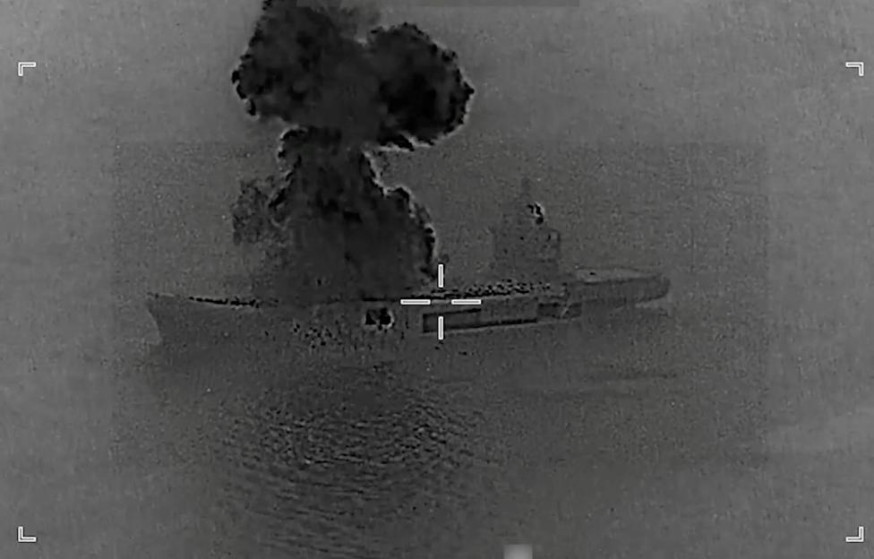Collage of two images showing a ship before and after a strike from a drone.