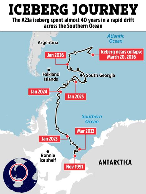 Illustration of the 40-year journey of the A23a iceberg from Antarctica to the Atlantic Ocean.