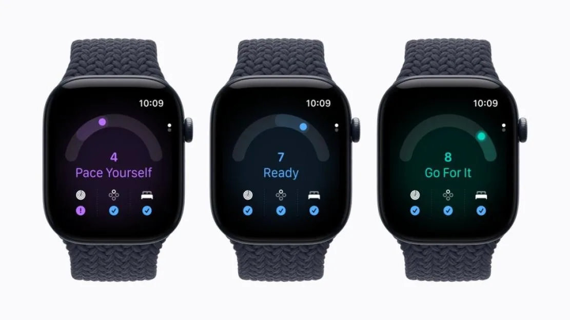 Three smartwatches displaying fitness tracking metrics for "Pace Yourself," "Ready," and "Go For It."