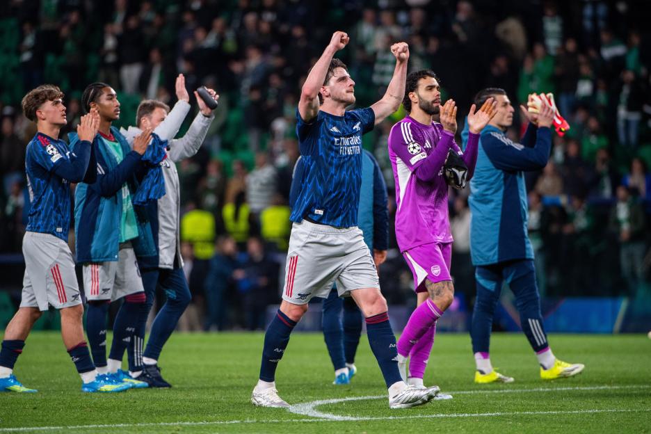Declan Rice of Arsenal celebrating the game win with supporters.
