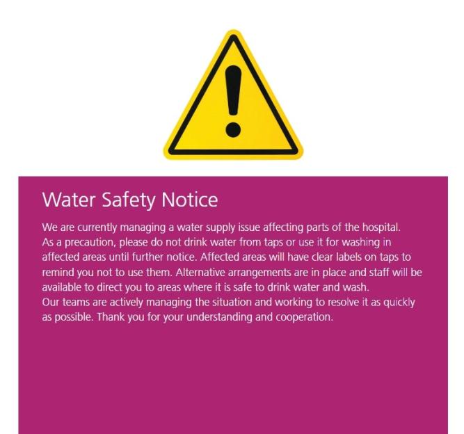 Darent Valley Hospital water safety notice.