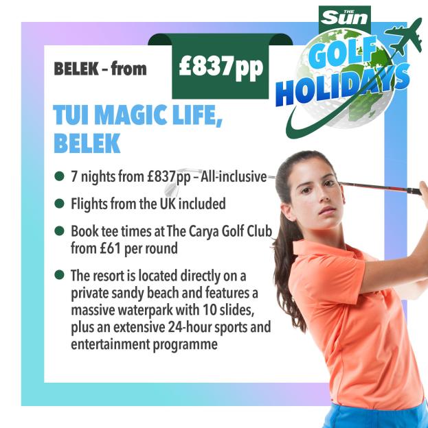 Illustration for a "The Sun Golf Holidays" deal to TUI Magic Life Belek, featuring a woman in a peach polo shirt holding a golf club, with deal details and resort information listed.