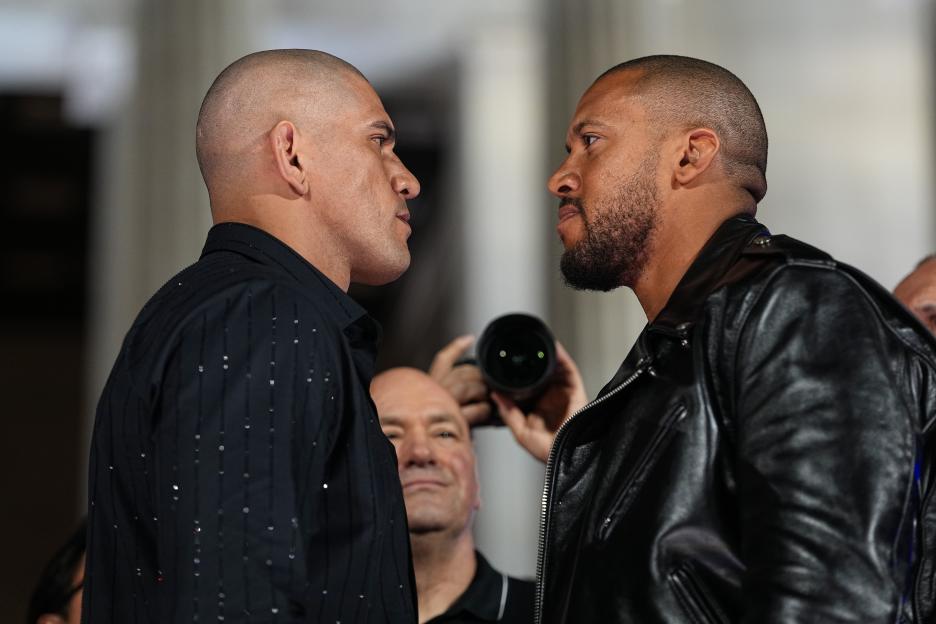 Alex Pereira of Brazil faces off against Ciryl Gane of France at the UFC Freedom 250 Press Conference.
