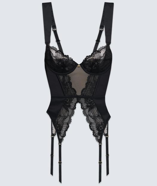 Black lace and satin basque with garter straps.