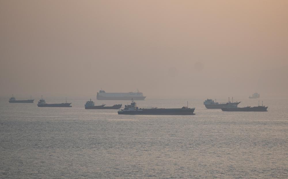 Vessels anchored at the Strait of Hormuz, as seen from Musandam