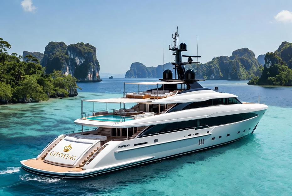 Illustration of a white and black yacht named "GYPSYKING" with a swimming pool on deck, floating in turquoise water surrounded by lush green islands.