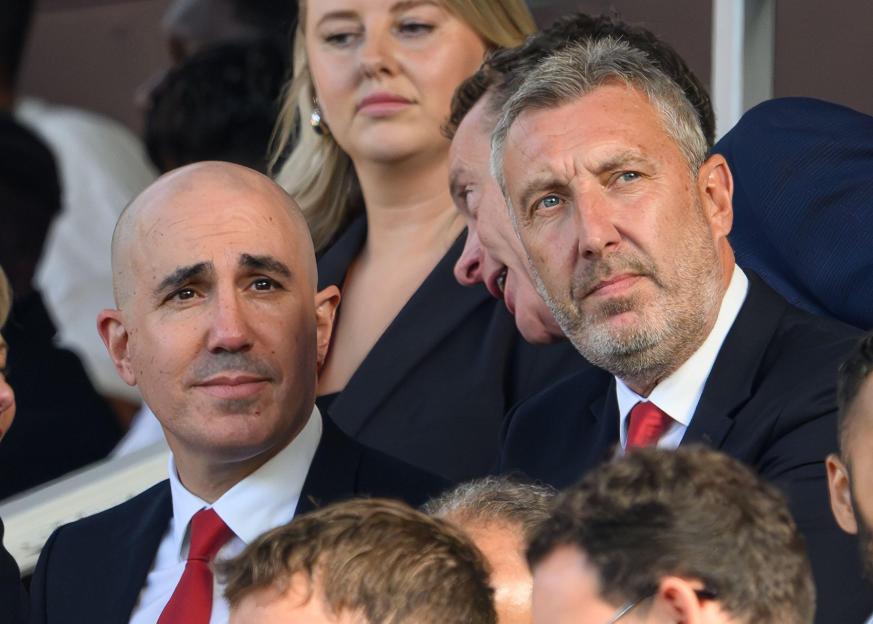 Manchester, UK. 05th Jan, 2026. **** *** Manchester United v Arsenal - Premier League - Old Trafford. Manchester United Manager Ruben Amorim is sacked by CEO Omar Berrada and Director Of Football Jason Wilcox watch on from the stands. Pict