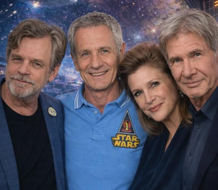 Actor Nick Joseph with Mark Hamill, Carrie Fisher, and Harrison Ford.