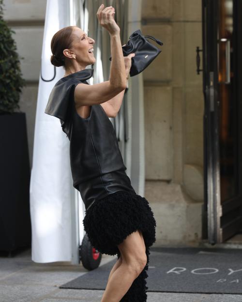 Celine Dion wearing a black Loewe Fall 2026 dress and holding a black clutch bag, waving to fans in Paris.
