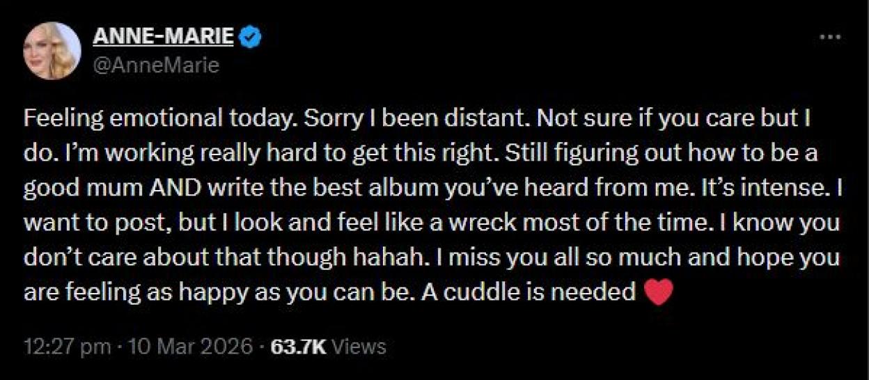 A tweet from Anne-Marie stating her emotional struggle with parenting and making an album.