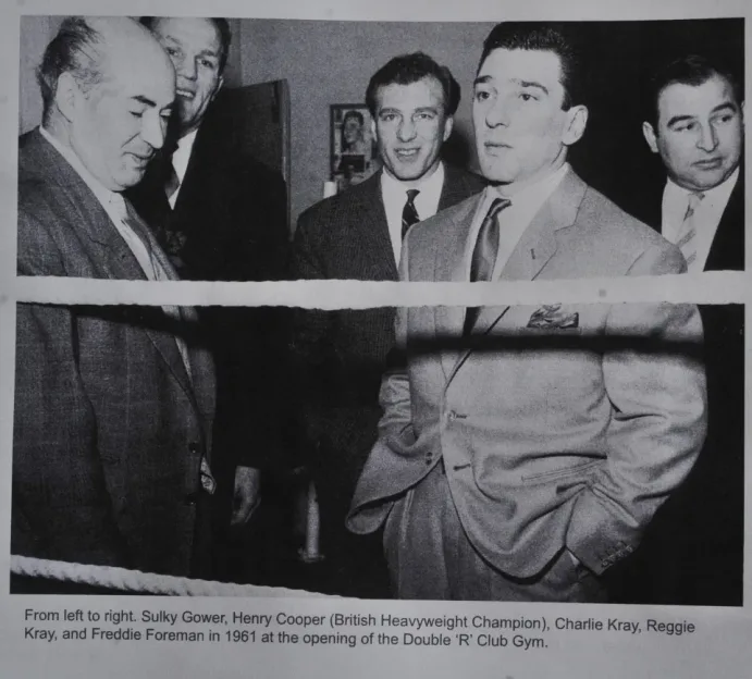 Photo of Sulky Gower, Henry Cooper, Charlie Kray, Reggie Kray, and Freddie Foreman.