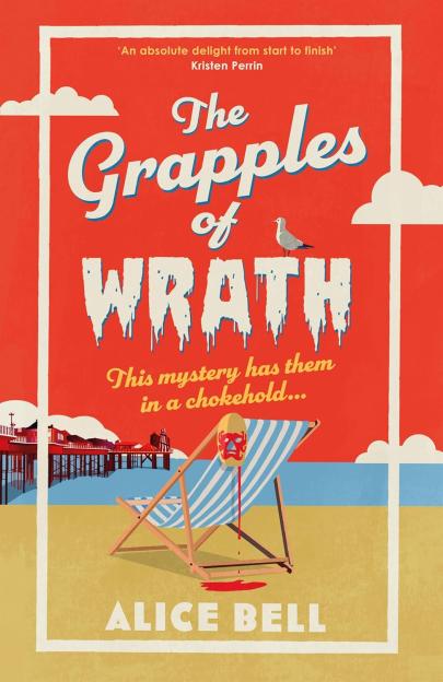 Illustration of a book cover for "The Grapples of Wrath" featuring a beach scene with a pier, a deckchair, a mask, and blood.