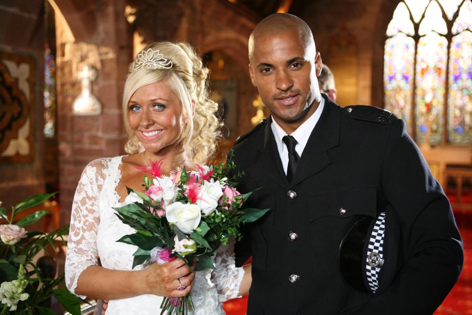 Calvin and Carmel from Hollyoaks on their wedding day.