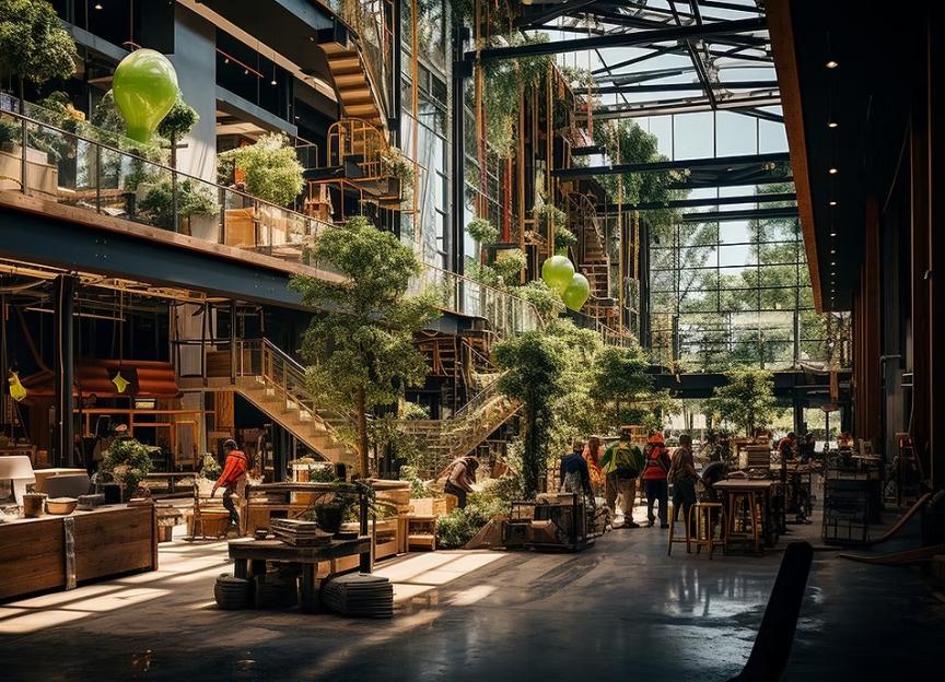 Illustration of a multi-level building interior with trees and plants throughout, designed to showcase arts, crafts, science, and technology.