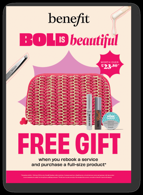 Illustration of a Benefit Cosmetics promotion for a free gift with rebooked service and full-size product purchase.