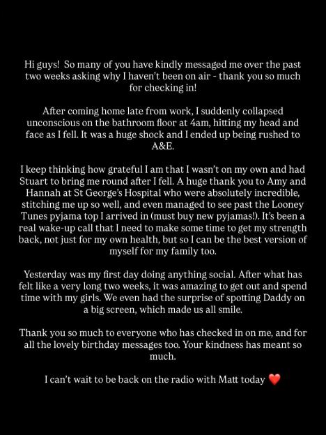 A black background with white text describing Mollie King's collapse and hospitalization.