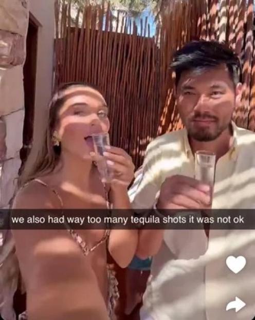 A woman and a man taking tequila shots, with text "we also had way too many tequila shots it was not ok".