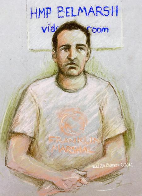 Illustration of Pc David Carrick (right) appearing at Southwark Crown Court in London for sentencing.