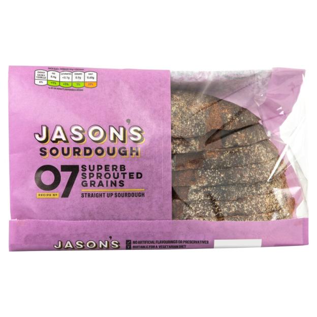 Jason's Superb Sprouted Grains Straight Up Sourdough bread with nutrition information.