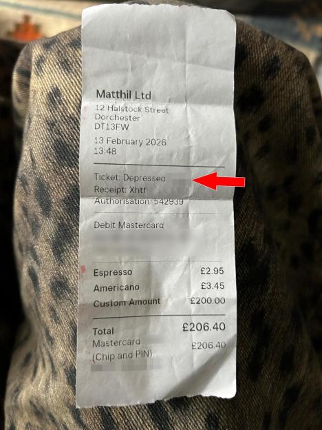 A receipt from Matthil Ltd showing "Ticket: Depressed" and a charge of £200 for "Custom Amount".