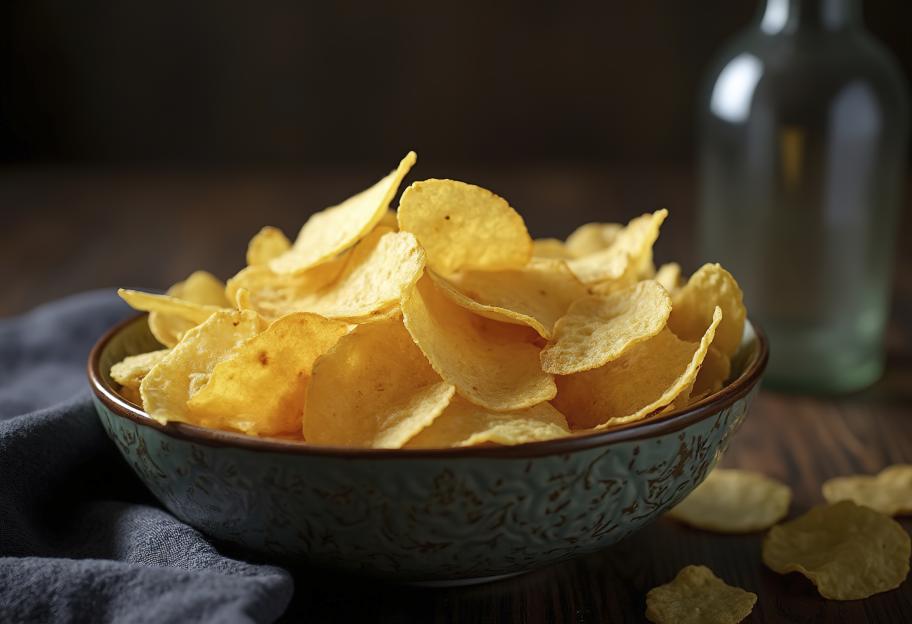A bowl filled with golden brown potato chips on a dark wooden surface, with a bottle in the background.
