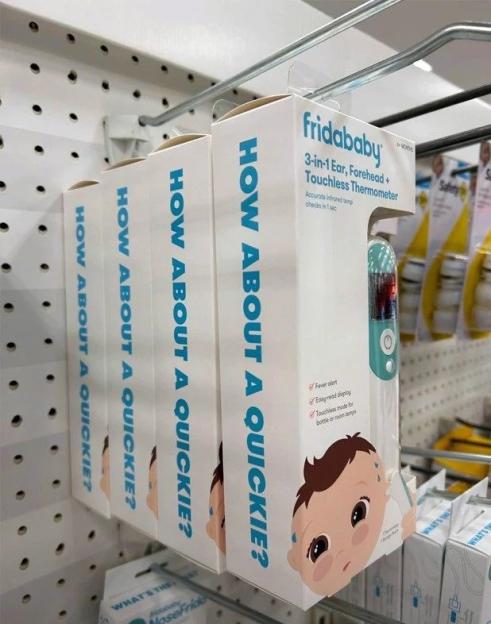 Collage of Fridababy product packaging with sexually suggestive slogans on the boxes.