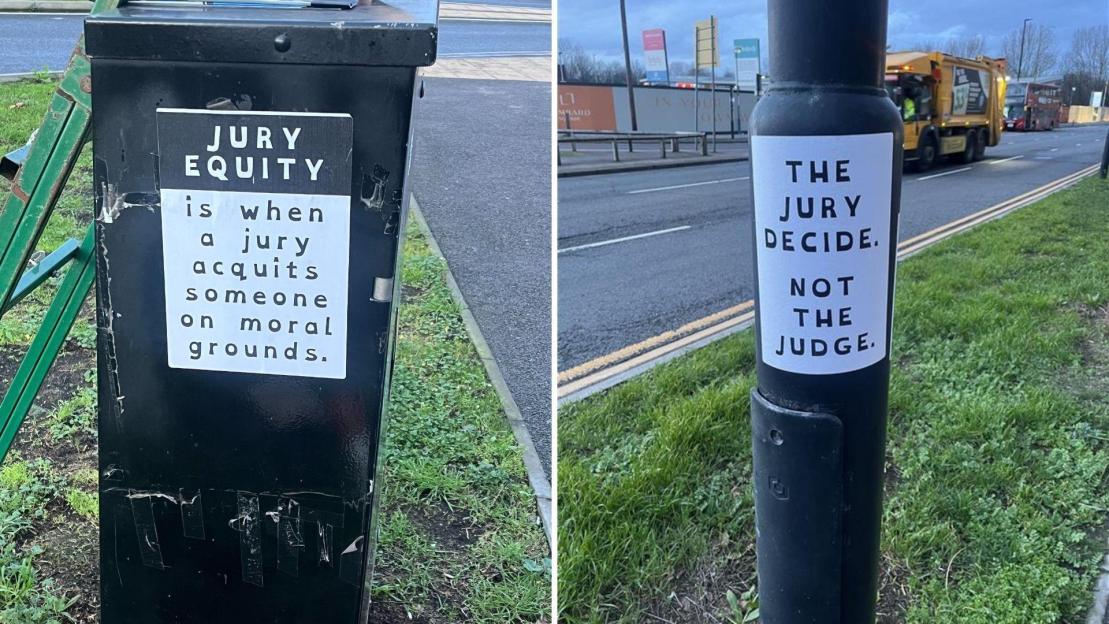 Collage of two images, each showing a poster about jury equity displayed outside Woolwich Crown Court.