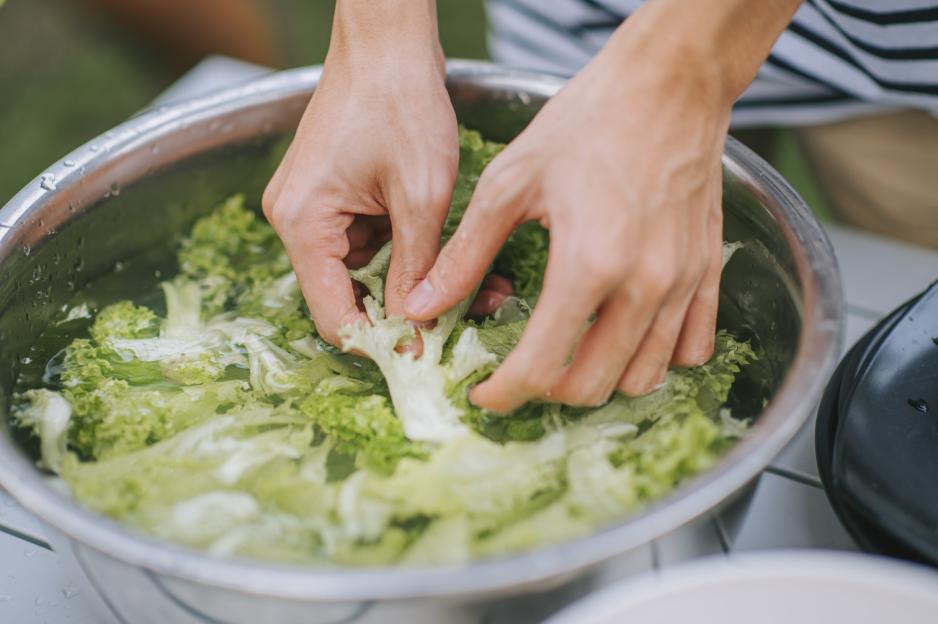 Hands cleaning lettuce in a metal bowl filled with water.