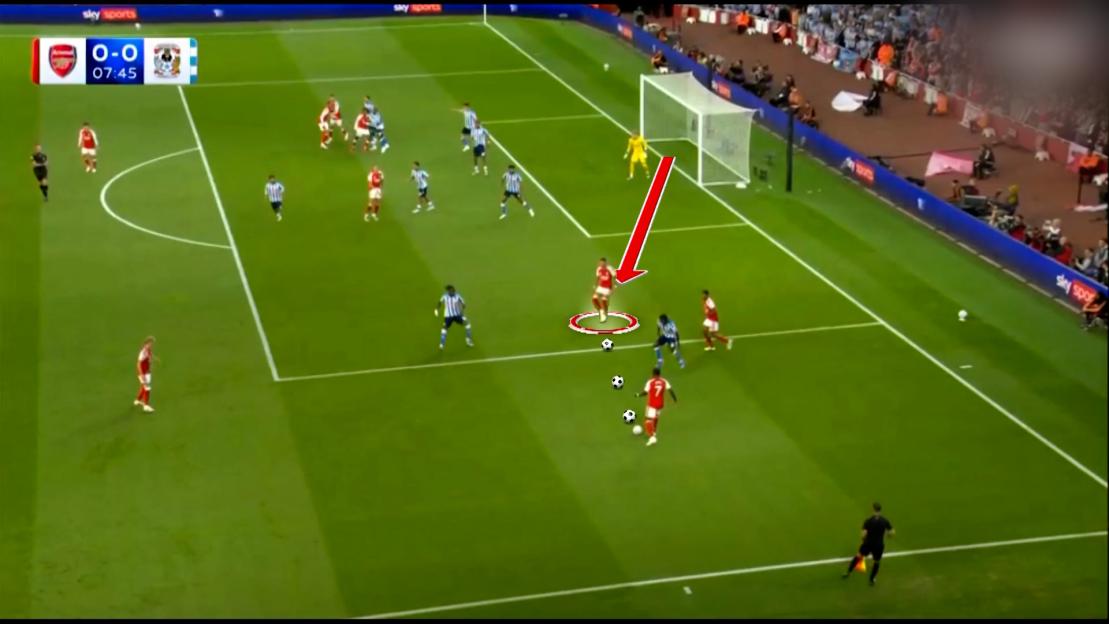 Live action shot of a soccer game between Arsenal and Coventry City, showing a player in a red jersey with a red arrow and circle around him.