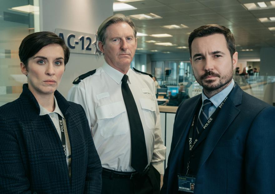 Vicky McClure as Kate, Adrian Dunbar as Hastings, and Martin Compston as Steve from Line of Duty - Series 5.