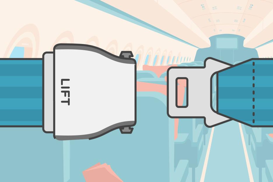 Illustration of an airplane seatbelt buckle with "LIFT" written on it, against the backdrop of an airplane cabin.