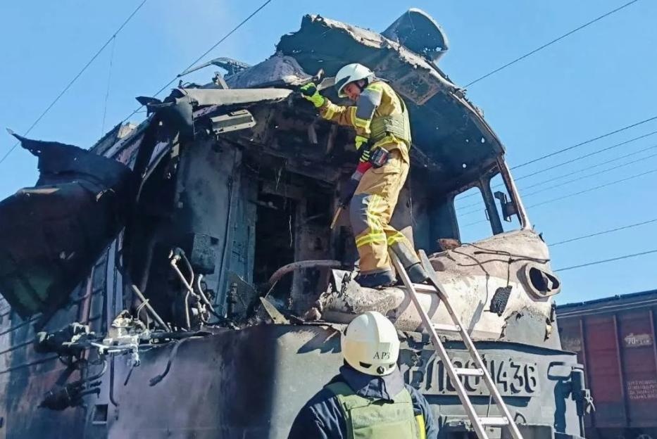 Aftermath of a Russian drone attack on a train in Odesa region