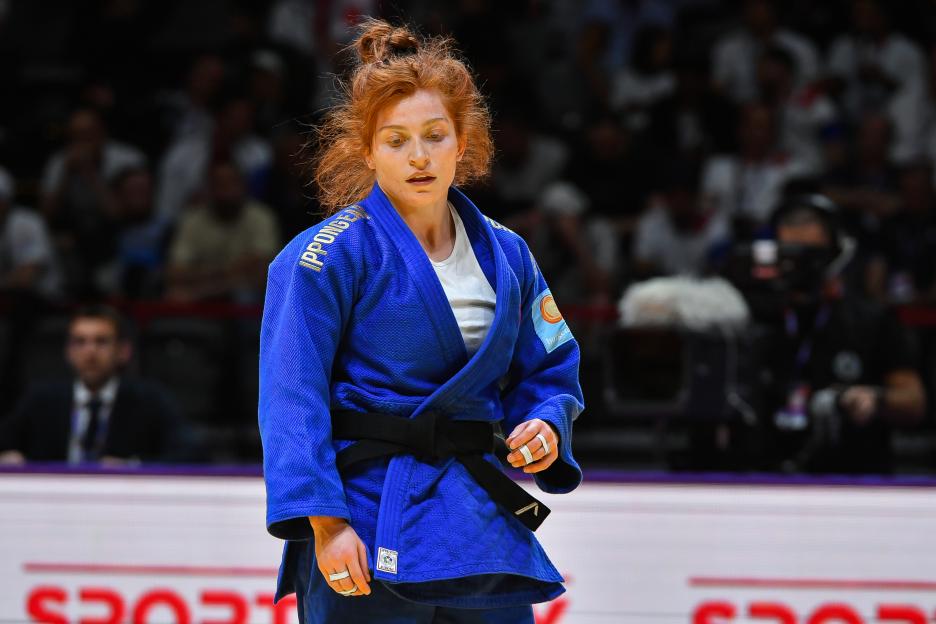 Lubjana Piovesana of Austria reacting during a judo match.