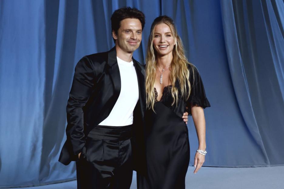 Sebastian Stan and Annabelle Wallis smiling at the 5th Annual Academy Museum Gala.