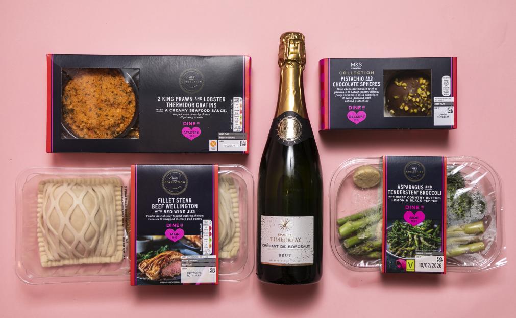 M&S Valentine's "Dine In" meal deal, including King Prawn and Lobster Thermidor Gratins, Fillet Steak Beef Wellington, Crémant de Bordeaux, Pistachio and Chocolate Spheres, and Asparagus and Tenderstem Broccoli.