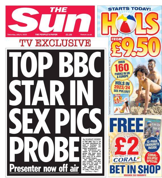 The Sun newspaper's front page, with the headline "TOP BBC STAR IN SEX PICS PROBE."