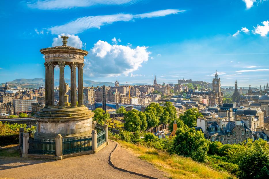The Dugald Stewart Monument overlooking Edinburgh, Scotland.