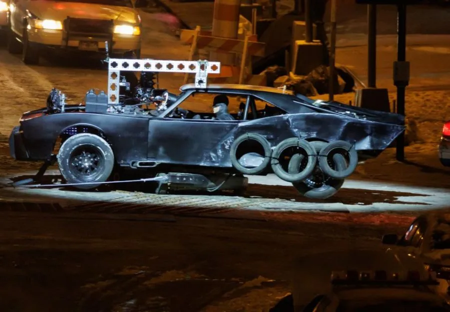 The Batmobile from the movie Batman filming on Bothwell Street at night.