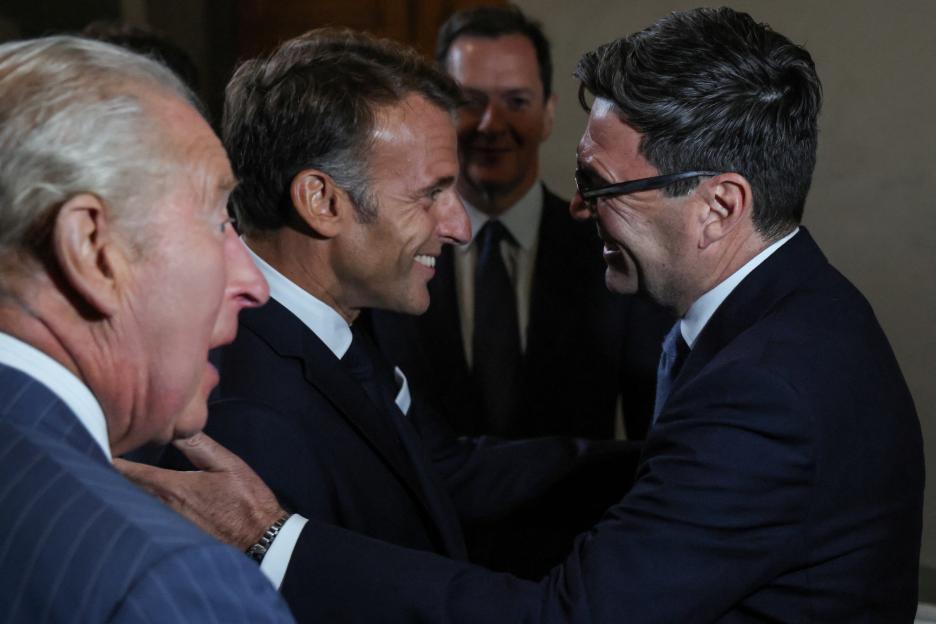 King Charles III, President Emmanuel Macron, and Prime Minister Andy Burnham at the Bayeux Tapestry Exhibition.