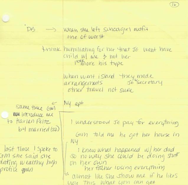 Handwritten notes on a yellow legal pad, discussing personal relationships and financial arrangements, with arrows and circles connecting various points.