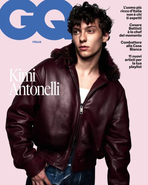 GQ Italia magazine cover featuring Kimi Antonelli in a maroon leather jacket.
