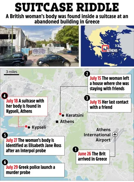 Collage of images illustrating the timeline of a British woman's body found in a suitcase in Greece.