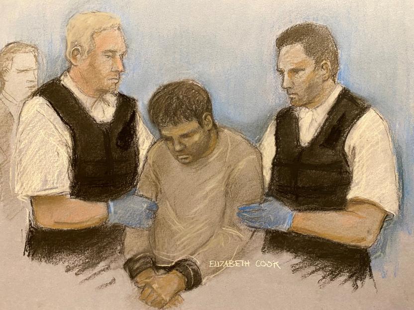 Illustration of Safi Dawood, in handcuffs, being led into court by two guards in a court artist sketch by Elizabeth Cook.