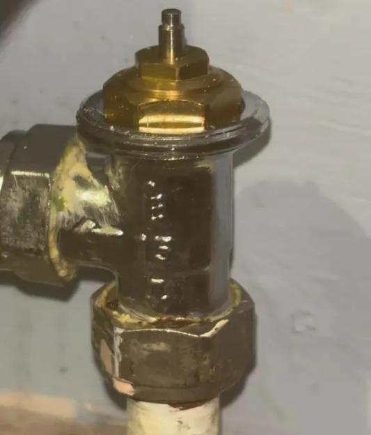 Close-up of a brass radiator valve with a small pin visible at the top, which can be pressed down to release air.