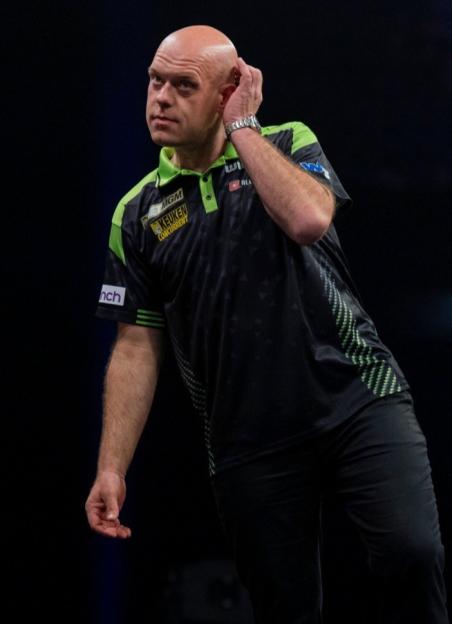 Michael van Gerwen at the 2026 BetMGM Premier League Darts.